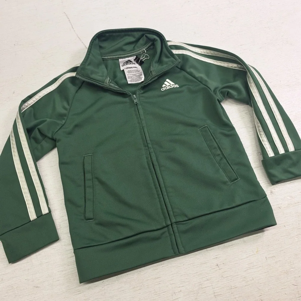 Adidas Forest‎ Green 3 Stripe Cream Zip-Up Track Jacket Toddlers Kids Sz 3T EUC